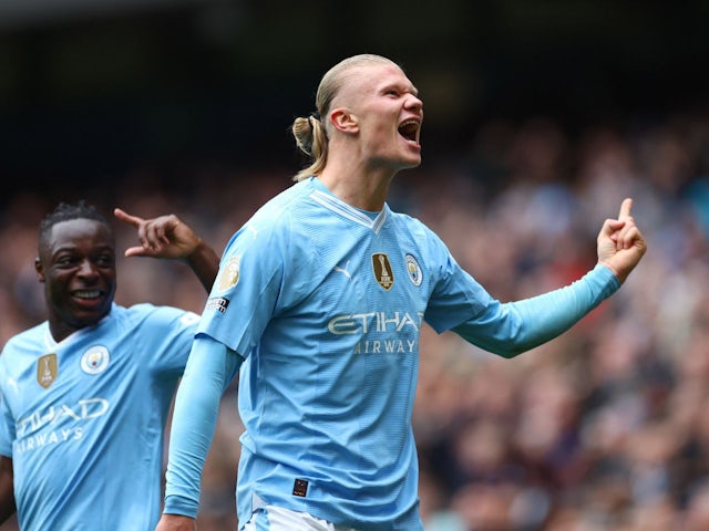 Manchester City's Erling Haaland celebrates scoring their first goal on February 10, 2024
