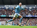 Manchester City's Erling Haaland celebrates scoring their first goal on February 10, 2024