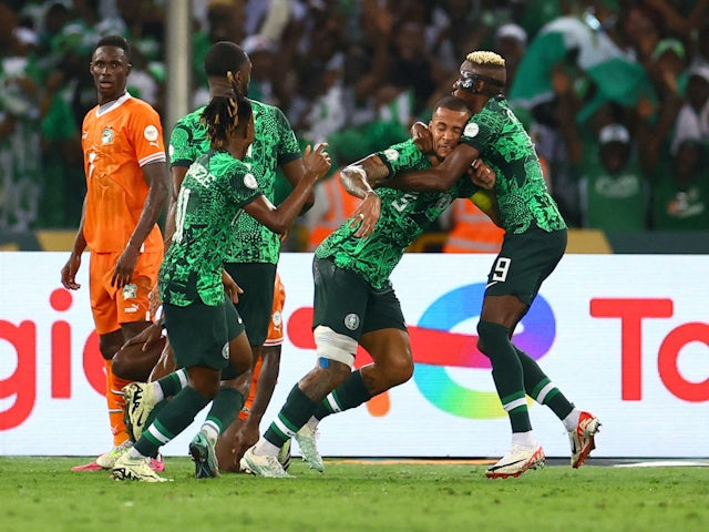 Nigeria's William Troost-Ekong celebrates scoring against Ivory Coast on February 11, 2024