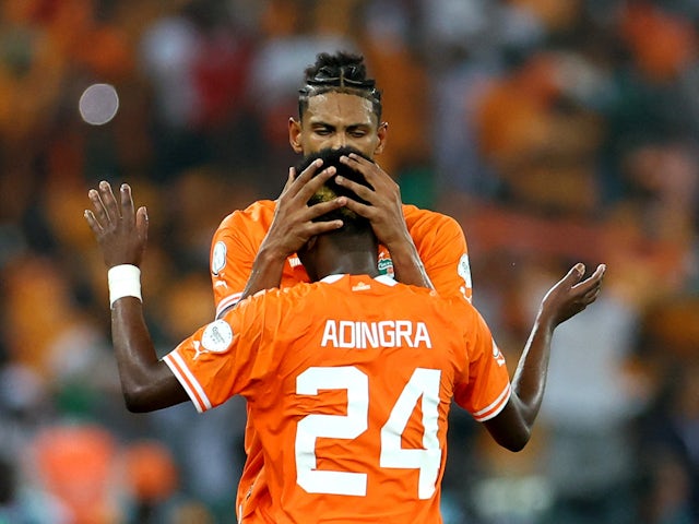 Ivory Coast's Sebastien Haller celebrates scoring against Nigeria on February 11, 2024