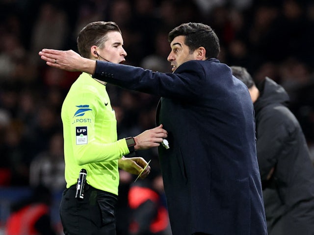 Lille coach Paulo Fonseca remonstrates with referee Francois Letexier before he is shown a yellow card on February 10, 2024