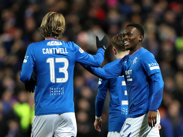 Rabi Matondo of Rangers celebrates scoring their first goal with Todd Cantwell on February 6, 2024.