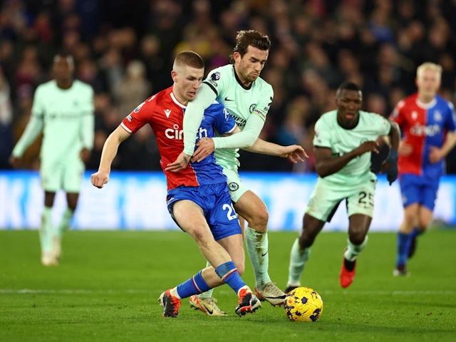 February 12, 2024 Chelsea's Ben Chilwell in action with Crystal Palace's Adam Wharton on February 12, 2024