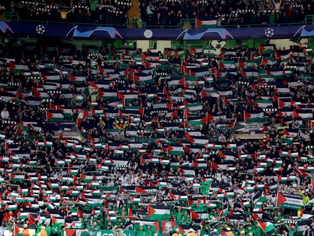 Celtic fans display Palestinian flags in support of Palestine amid the ongoing conflict between Israel and Hamas before the match on October 25, 2023