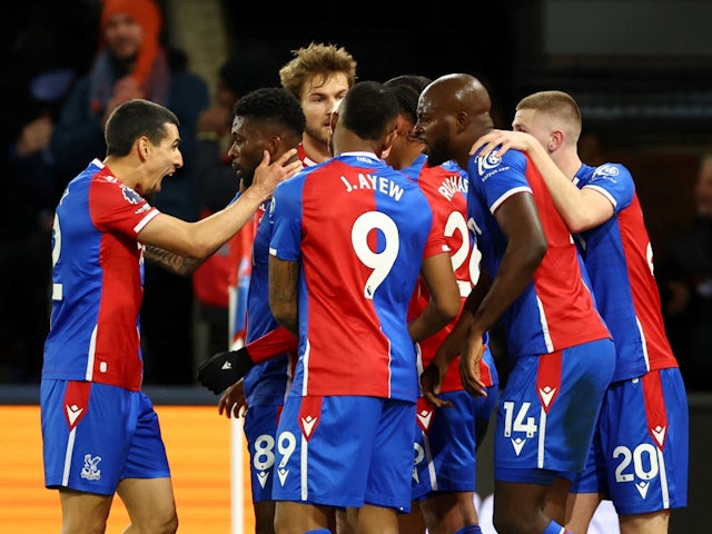 Crystal Palace's Jefferson Lerma celebrates scoring their first goal with teammates on February 12, 2024