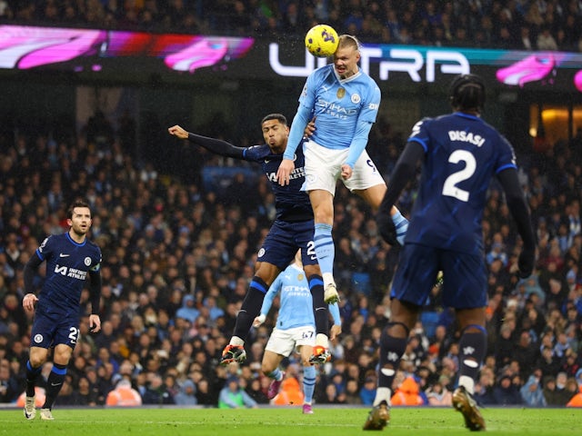 Manchester City's Erling Haaland heads at goal on February 17, 2024