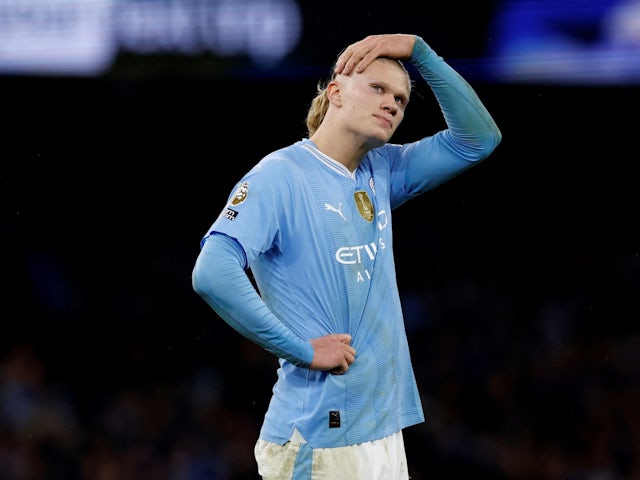 Manchester City's Erling Haaland reacts on February 17, 2024