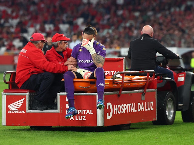 Vizela's Francesco Ruberto is taken off on a stretcher after sustaining an injury on February 18, 2024