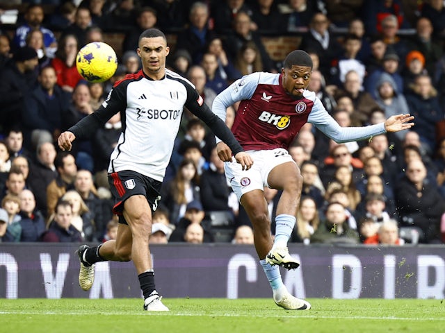 Aston Villa's Leon Bailey shoots at goal against Fulham on February 17, 2024