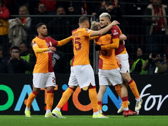 Galatasaray's Mauro Icardi celebrates scoring their third goal with teammates on February 15, 2024