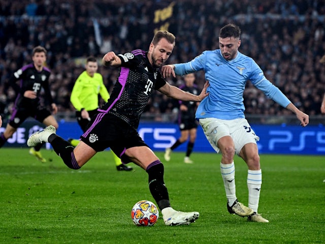 Bayern Munich's Harry Kane in action with Lazio's Mario Gila on February 14, 2024