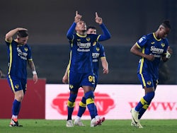 Hellas Verona's Michael Folorunsho celebrates scoring their first goal on February 17, 2024