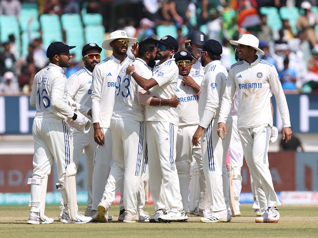 India celebrate taking an England wicket in the third Test on February 17, 2024.