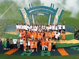 Ivory Coast players celebrate with the trophy after winning the Africa Cup of Nations on February 11, 2024