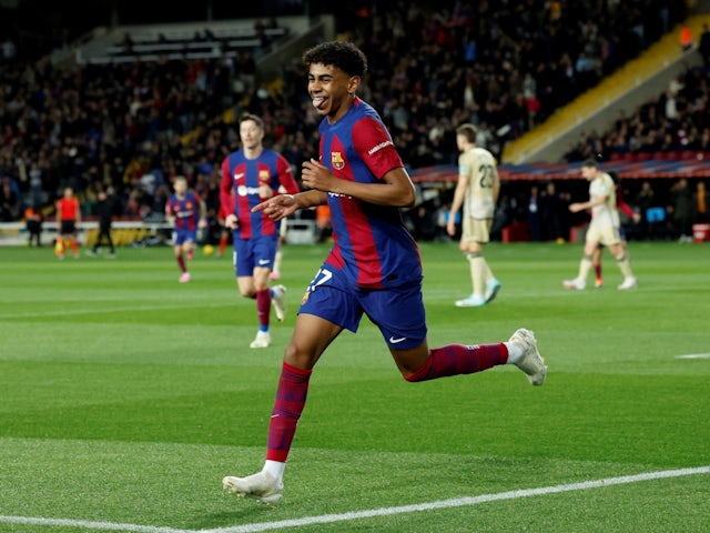 Barcelona's Lamine Yamal celebrates scoring their first goal on February 11, 2024