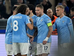 Lazio's Ciro Immobile celebrates scoring their first goal with teammates on February 14, 2024