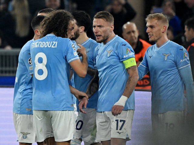 Lazio's Ciro Immobile celebrates scoring their first goal with teammates on February 14, 2024