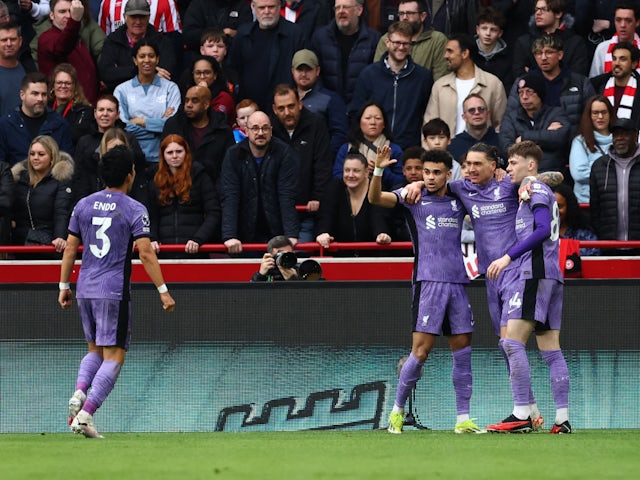 Liverpool's Darwin Nunez celebrates scoring their first goal on February 17, 2024