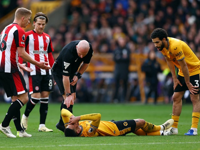 Wolverhampton Wanderers forward Matheus Cunha after suffering hamstring injury on February 10, 2024.