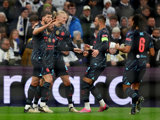 Manchester City's Bernardo Silva celebrates scoring their second goal on February 13, 2024
