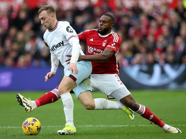 Nottingham Forest's Nuno Tavares in action with West Ham United's Jarrod Bowen on February 17, 2024
