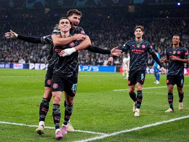 Manchester City's Phil Foden celebrates scoring their third goal on February 13, 2024