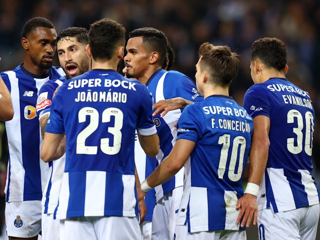 Porto's Galeno celebrates scoring their first goal with teammates on February 17, 2024