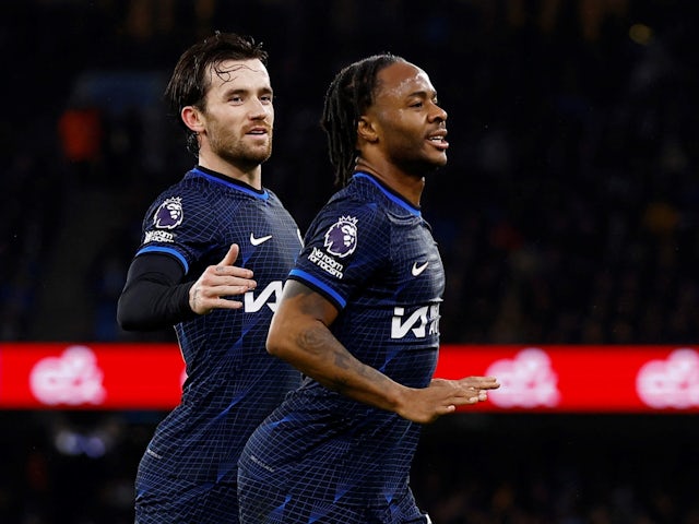 Chelsea's Raheem Sterling celebrates scoring their first goal with Ben Chilwell on February 17, 2024