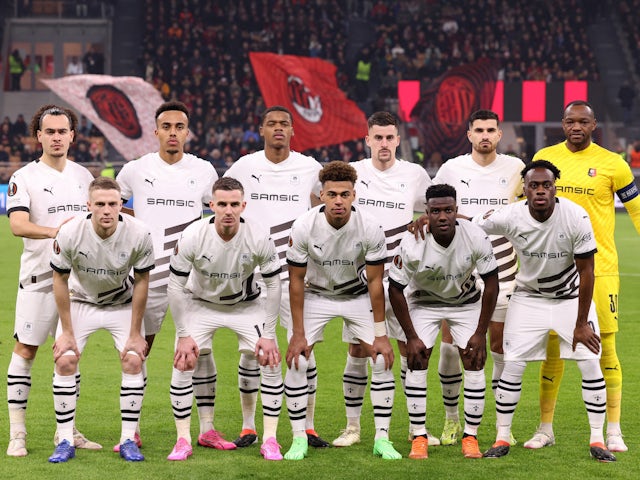 Rennes players pose for a team group photo before the match on February 15, 2024