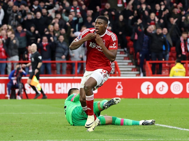 Nottingham Forest's Taiwo Awoniyi celebrates scoring against West Ham United on February 17, 2024