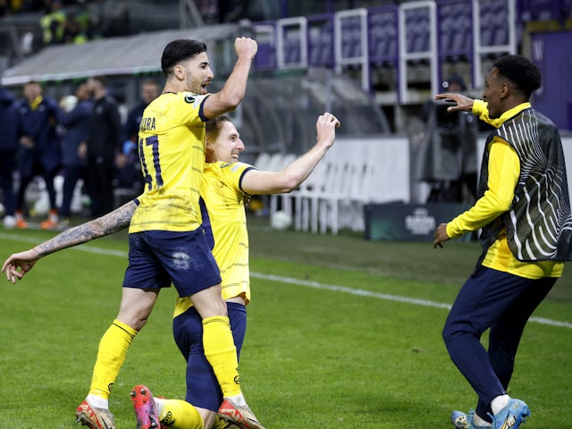 Union Saint-Gilloise's Gustaf Nilsson celebrates scoring their second goal with Mohamed El Amine Amoura on February 15, 2024