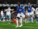 Everton's Amadou Onana celebrates scoring their first goal on February 19, 2024