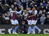 Aston Villa's Leon Bailey celebrates scoring their fourth goal with teammates on February 22, 2024