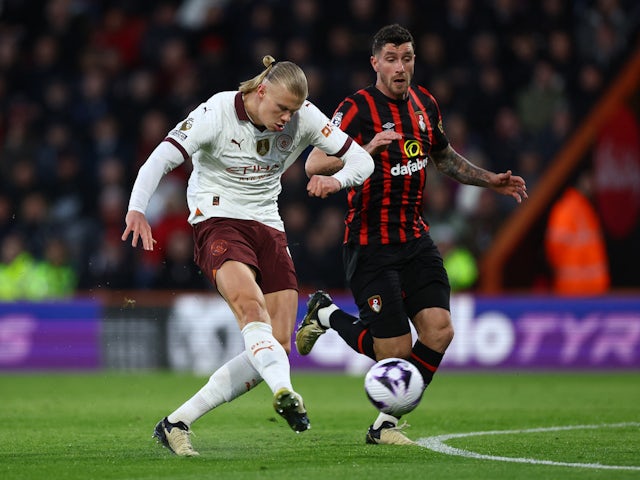 Manchester City's Erling Haaland shoots at goal against Bournemouth on February 24, 2024