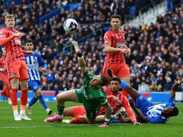 Everton's Jordan Pickford makes a save against Brighton & Hove Albion on February 24, 2024