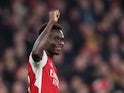 Arsenal's Bukayo Saka celebrates scoring their third goal on February 24, 2024