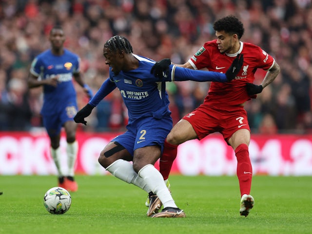 Chelsea's Axel Disasi in action with Liverpool's Luis Diaz on February 25, 2024