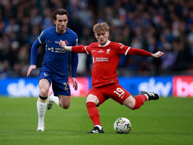 Chelsea's Ben Chilwell in action with Liverpool's Harvey Elliott on February 25, 2024