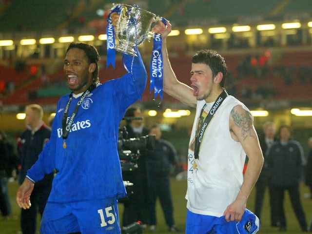 Chelsea duo Didier Drogba and Mateja Kezman celebrate winning the League Cup in 2005.