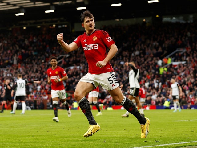 Manchester United's Harry Maguire celebrates scoring their first goal on February 24, 2024