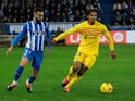 FC Barcelona's Jules Kounde in action with Deportivo Alaves' Abde Rebbach on February 3, 2024