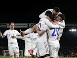 Leeds United celebrate scoring against Leicester City in the Championship on February 23, 2024.
