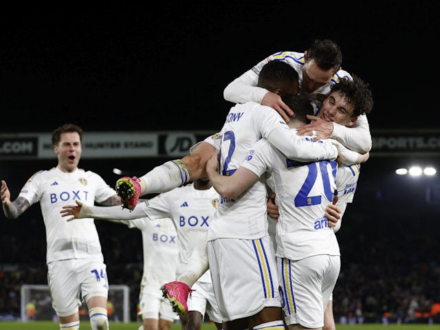 Leeds United celebrate scoring against Leicester City in the Championship on February 23, 2024.