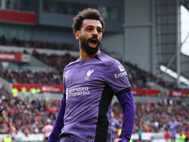 Liverpool's Mohamed Salah celebrates scoring their third goal on February 17, 2024