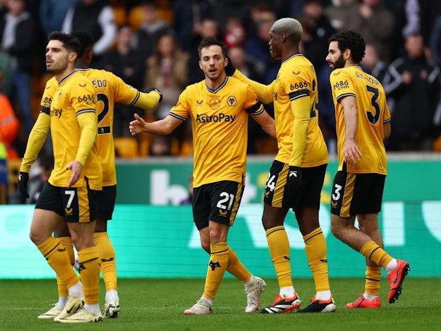 Wolverhampton Wanderers' Pablo Sarabia celebrates scoring their first goal with teammates on February 25, 2024