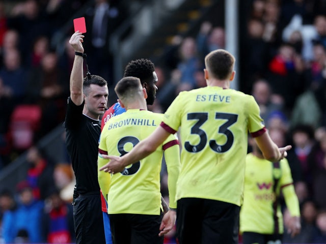 Burnley's Josh Brownhill is shown a red card against Crystal Palace on February 24, 2024