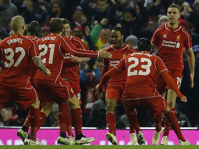 Raheem Sterling celebrates scoring for Liverpool against Chelsea in January 2015.