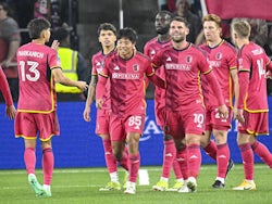 St Louis City midfielder Hosei Kijima (85) is congratulated after scoring a goal against the Houston Dynamo during the second half at CITYPARK on February 21, 2024