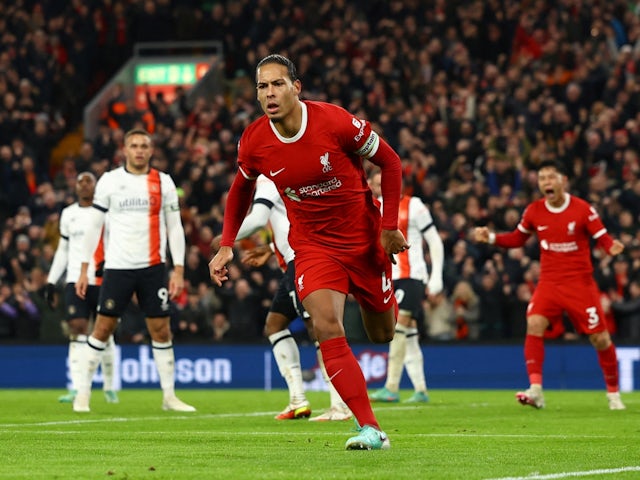 Liverpool's Virgil van Dijk celebrates scoring their first goal on February 21, 2024