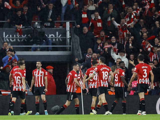 Athletic Bilbao's Inaki Williams celebrates scoring their first goal with teammates on February 29, 2024